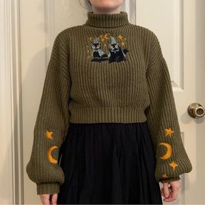 Green Witch Wizard Cats Moon and Stars Crop Turtleneck Sweater